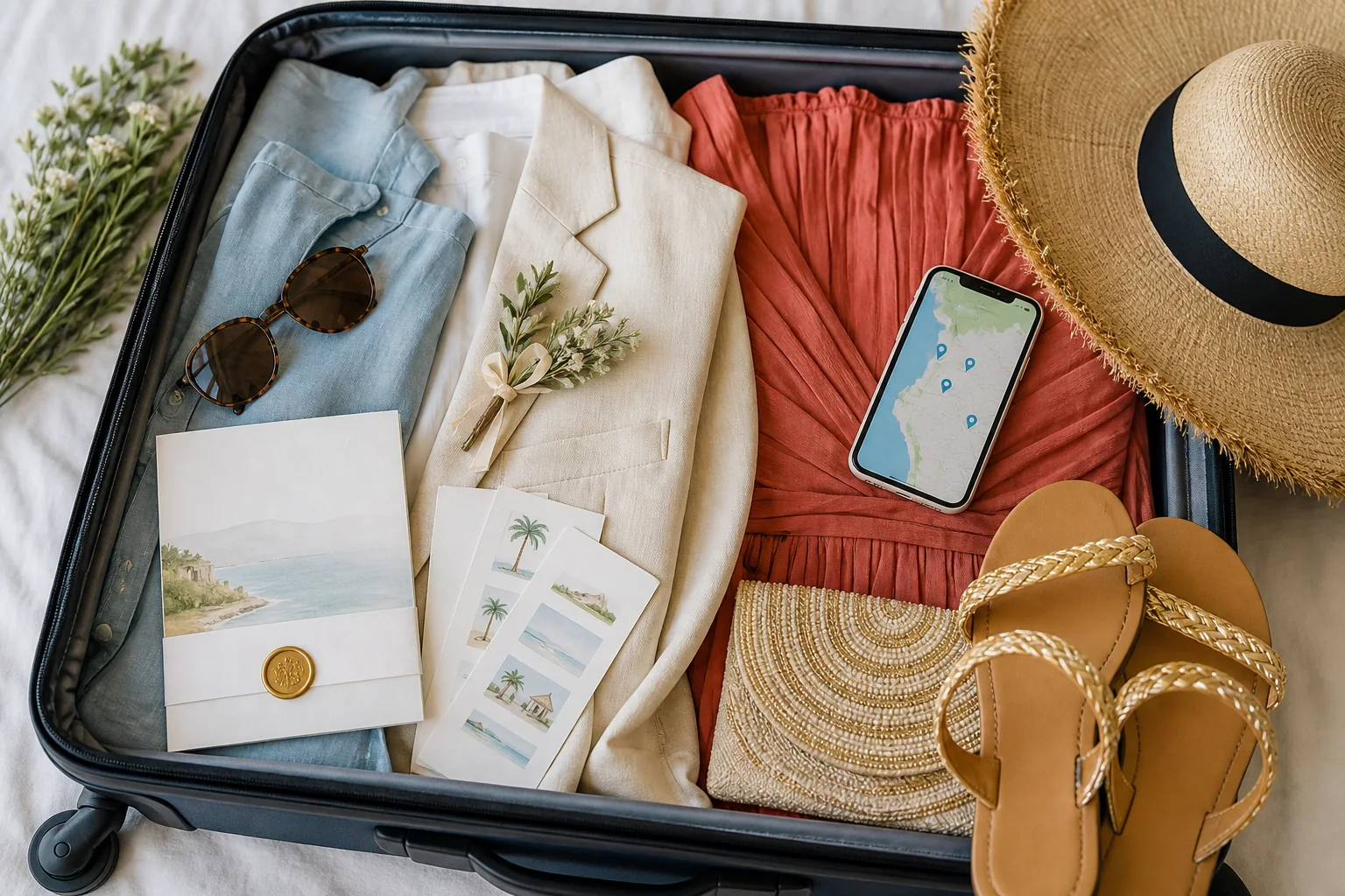 Open suitcase packed with wedding outfits, a coastal invitation and a phone showing a travel map