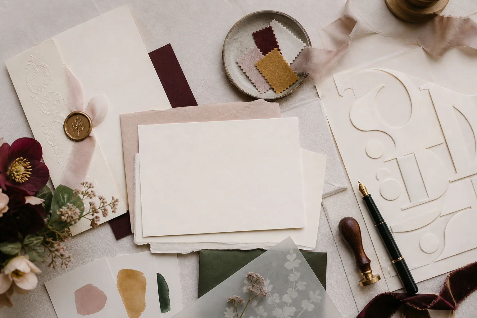 Wedding invitation design table with blank cards, burgundy and blush color swatches, type forms, pen and wax seal