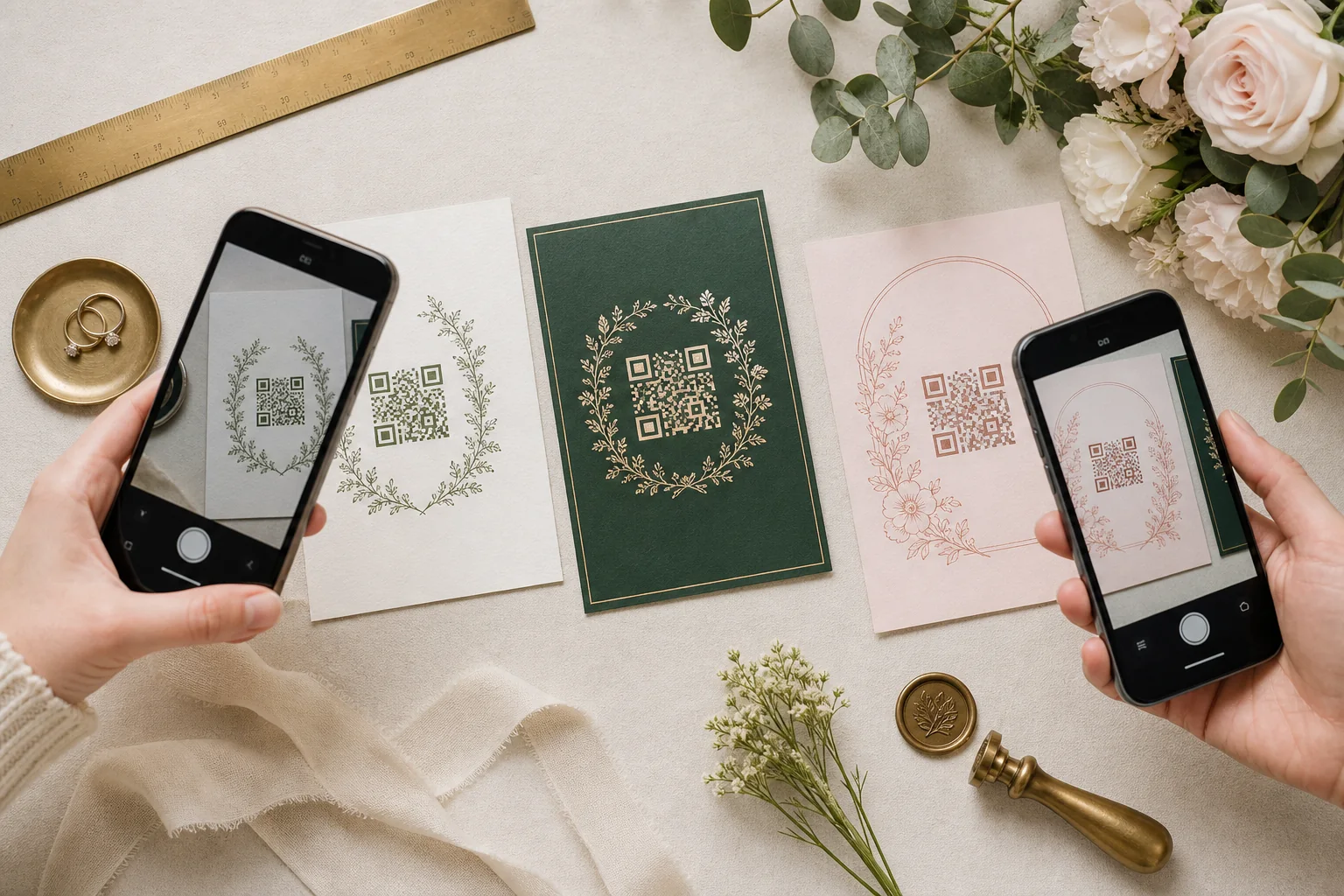 Several wedding invitation QR code samples being tested with two smartphones before printing