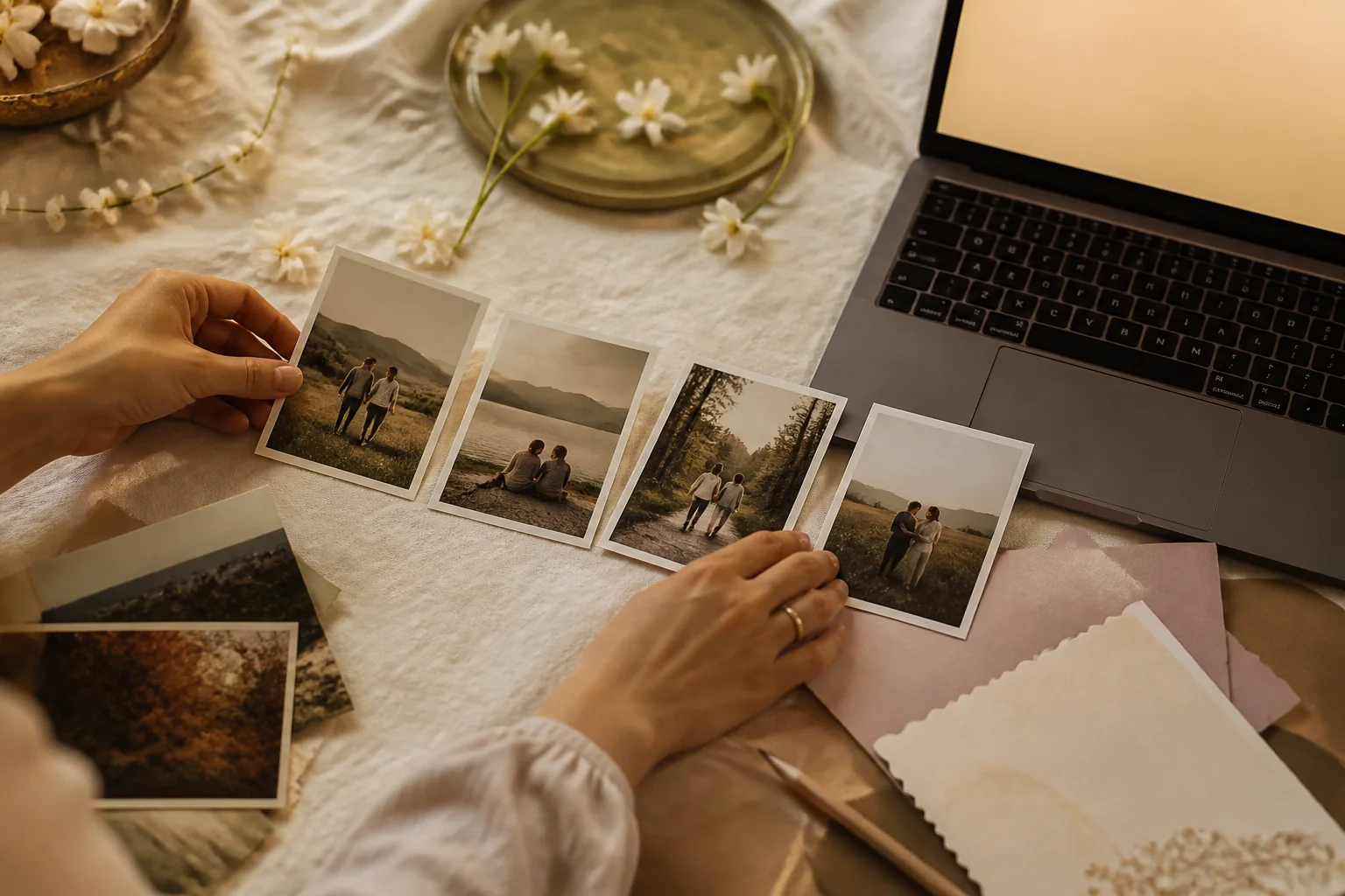 Hands arranging a sequence of warm couple photographs beside a laptop and jasmine flowers